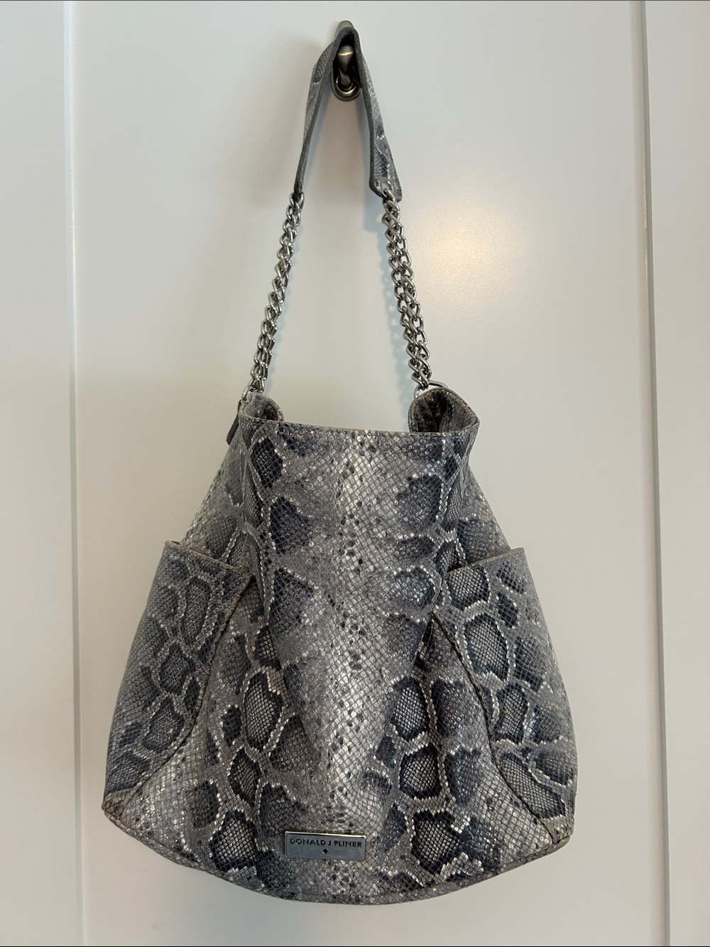 Donald J Pliner Python Snake Print Leather Tote Bag Chain Straps